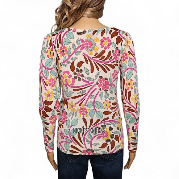 Talbots Petites Merino Wool Sweater S Spring Floral Retro Mod Print Lightweight - Picture 5 of 9